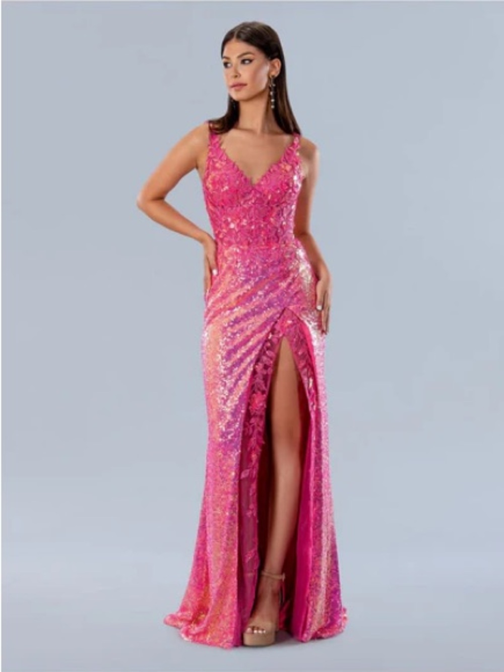 Hot Pink Sequin V-Neck Prom Gown with High Slit